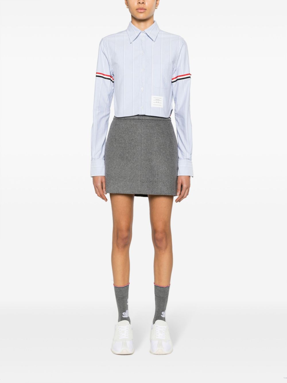 Áo sơ mi cropped tay áo Oxford sọc cho nữ
