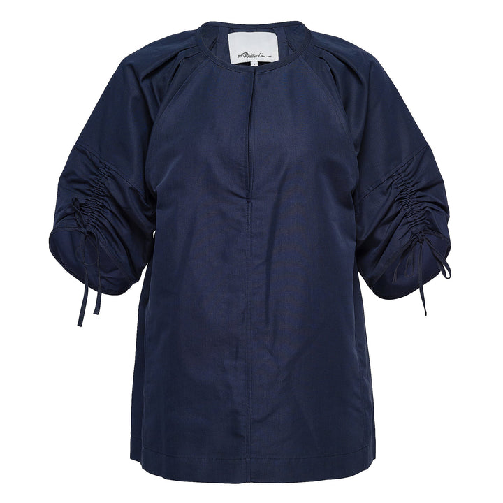 Shirred Sleeve Band Collar Top