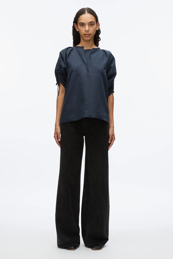Shirred Sleeve Band Collar Top