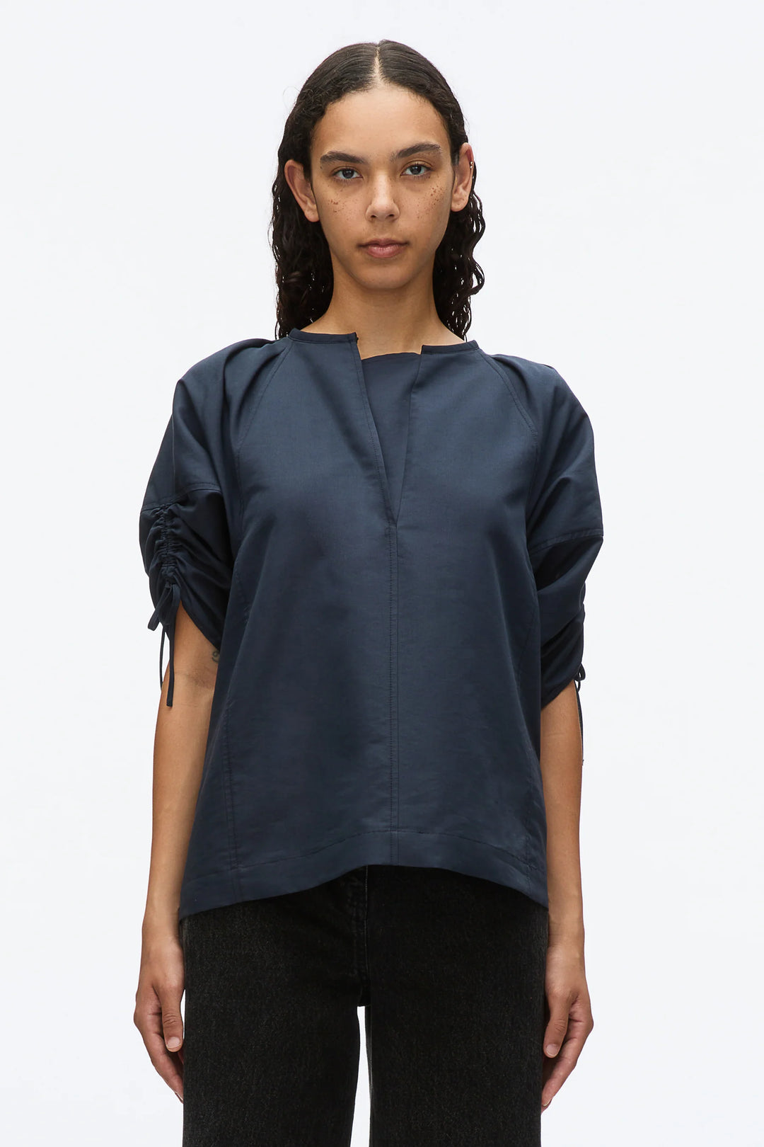 Shirred Sleeve Band Collar Top