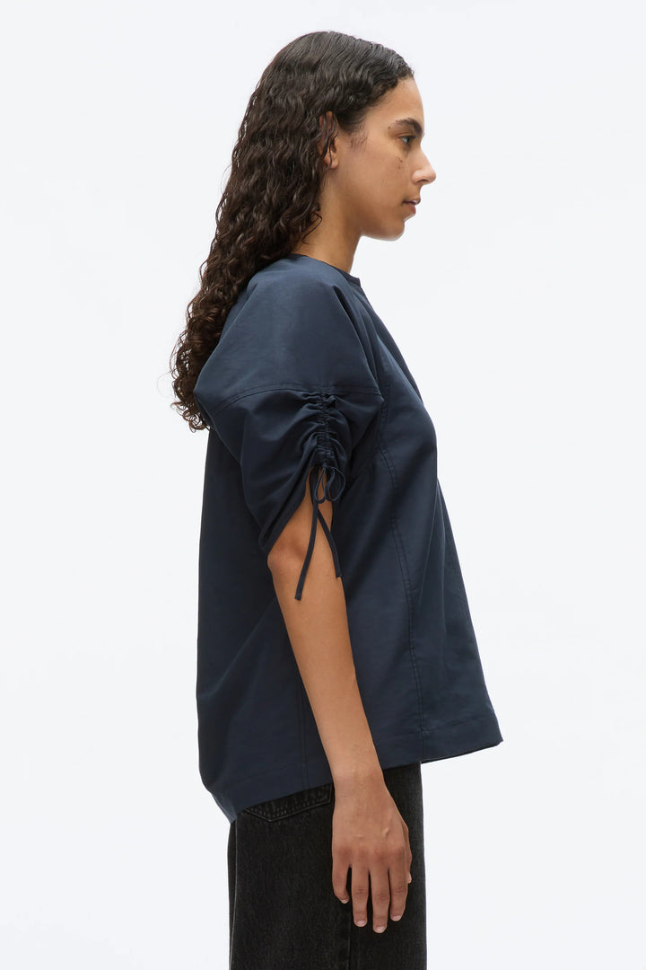 Shirred Sleeve Band Collar Top