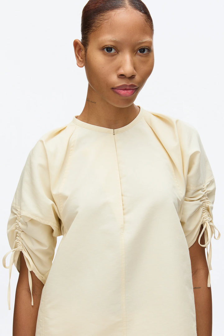 Shirred Sleeve Band Collar Top