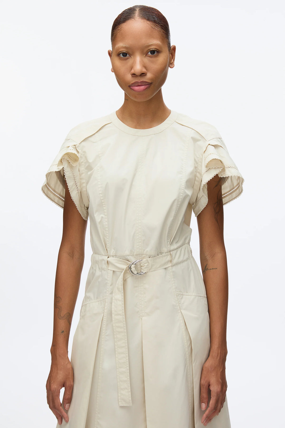 Cascade Drape Short Sleeve Belted Dress