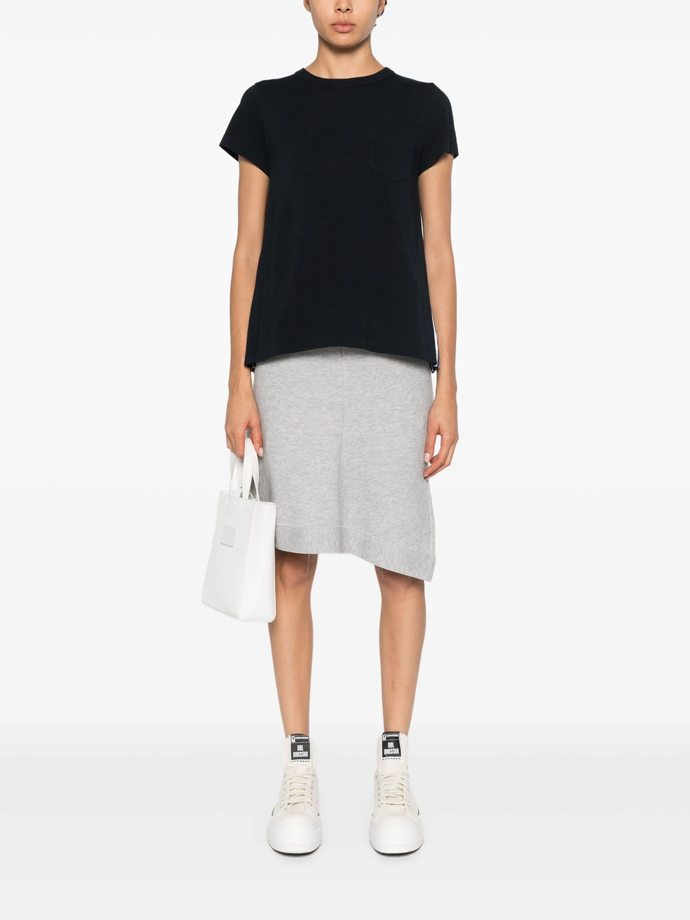 sacai Cotton Poplin x Cotton Jersey T-Shirt in black with navy and white striped poplin neckline detail, front view on white background