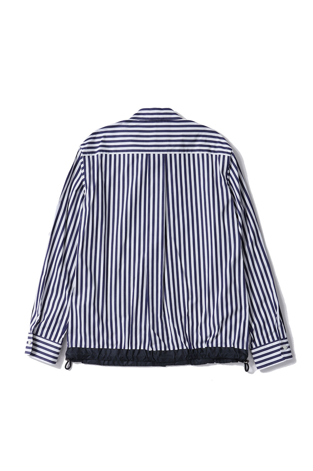 sacai Cotton Poplin Striped Shirt in navy and white vertical stripe with contrast drawstring hem and toggle closures, laid flat on white background