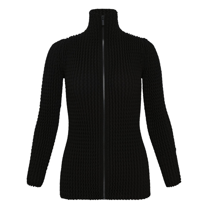 Issey Miyake Spongy Zip-Up Cardigan in black with three-dimensional waffle knit texture, full-length centre zip, and high funnel neck