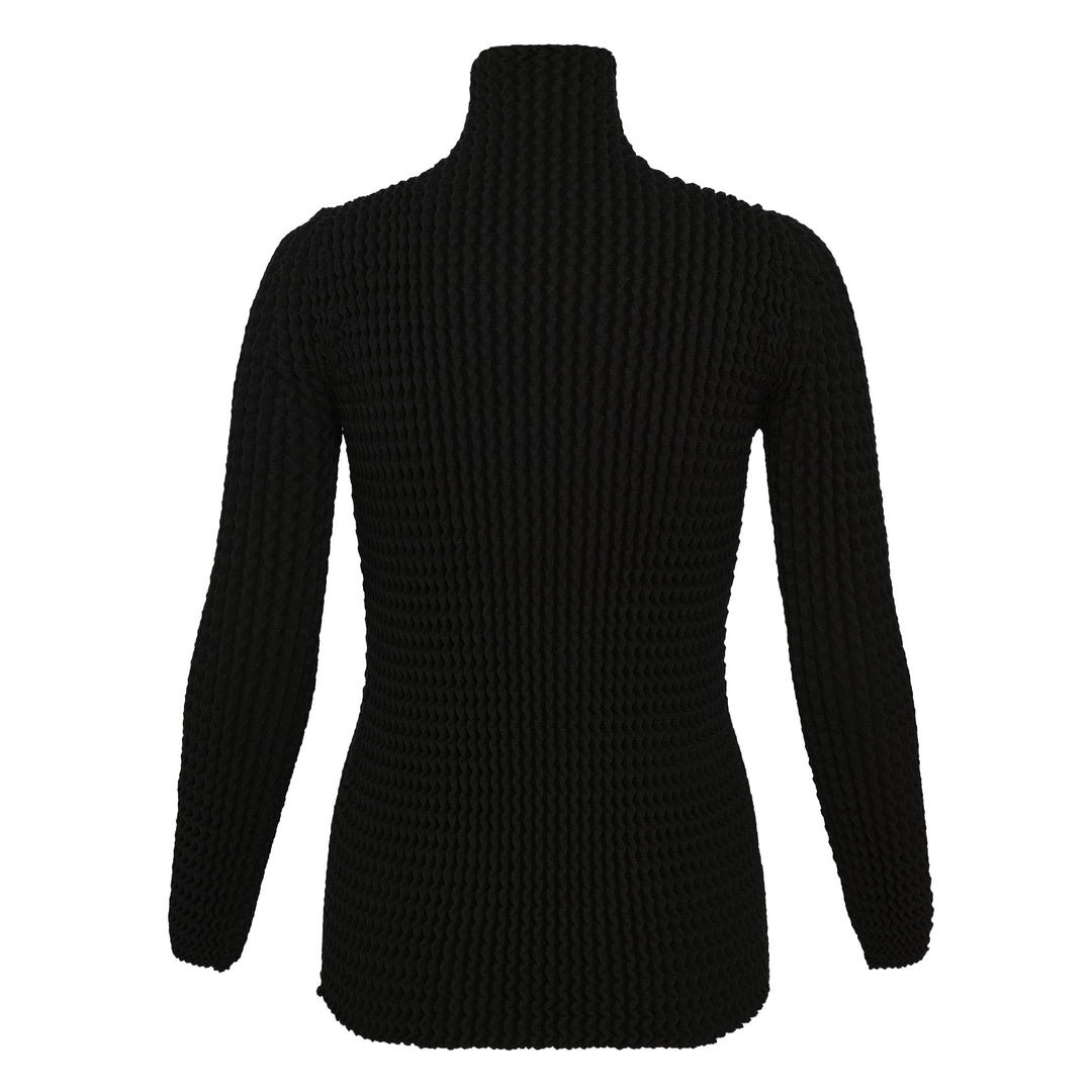 Issey Miyake Spongy Zip-Up Cardigan in black with three-dimensional waffle knit texture, full-length centre zip, and high funnel neck