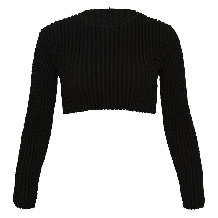 Issey Miyake Spongy Cropped Knit Sweater in black with long sleeves, crew neckline, and textured three-dimensional ribbed construction, displayed on a white background