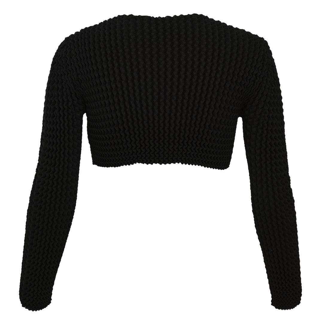 Issey Miyake Spongy Cropped Knit Sweater in black with long sleeves, crew neckline, and textured three-dimensional ribbed construction, displayed on a white background