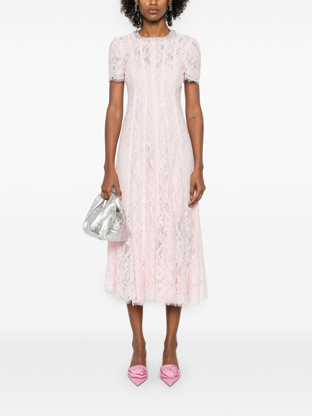Pink Lace Embellished Midi Dress
