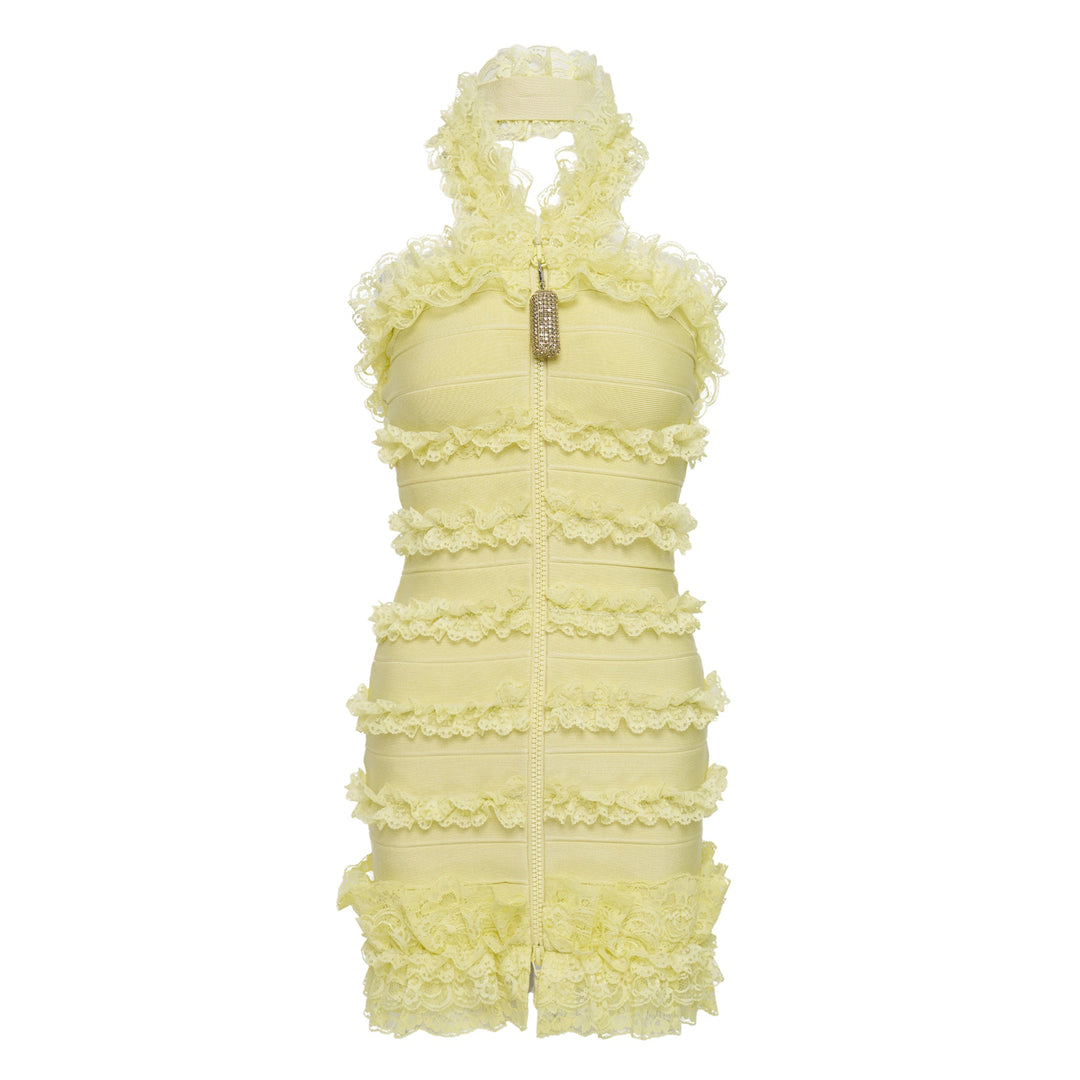 Yellow Knit Zip Ruffle Mini Dress