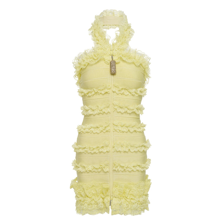 Yellow Knit Zip Ruffle Mini Dress