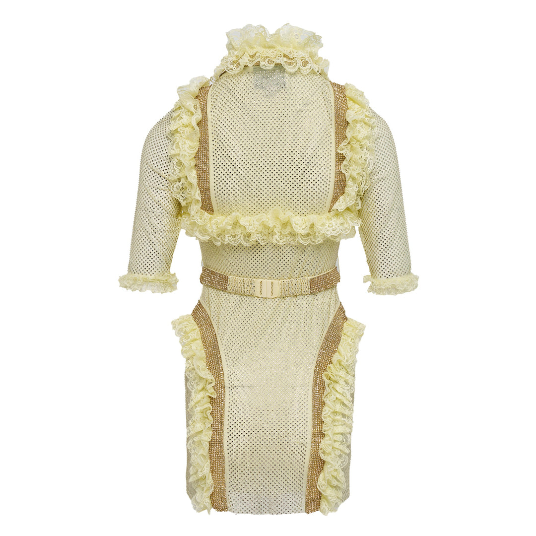 Yellow Rhinestone Mesh Ruffle Mini Dress