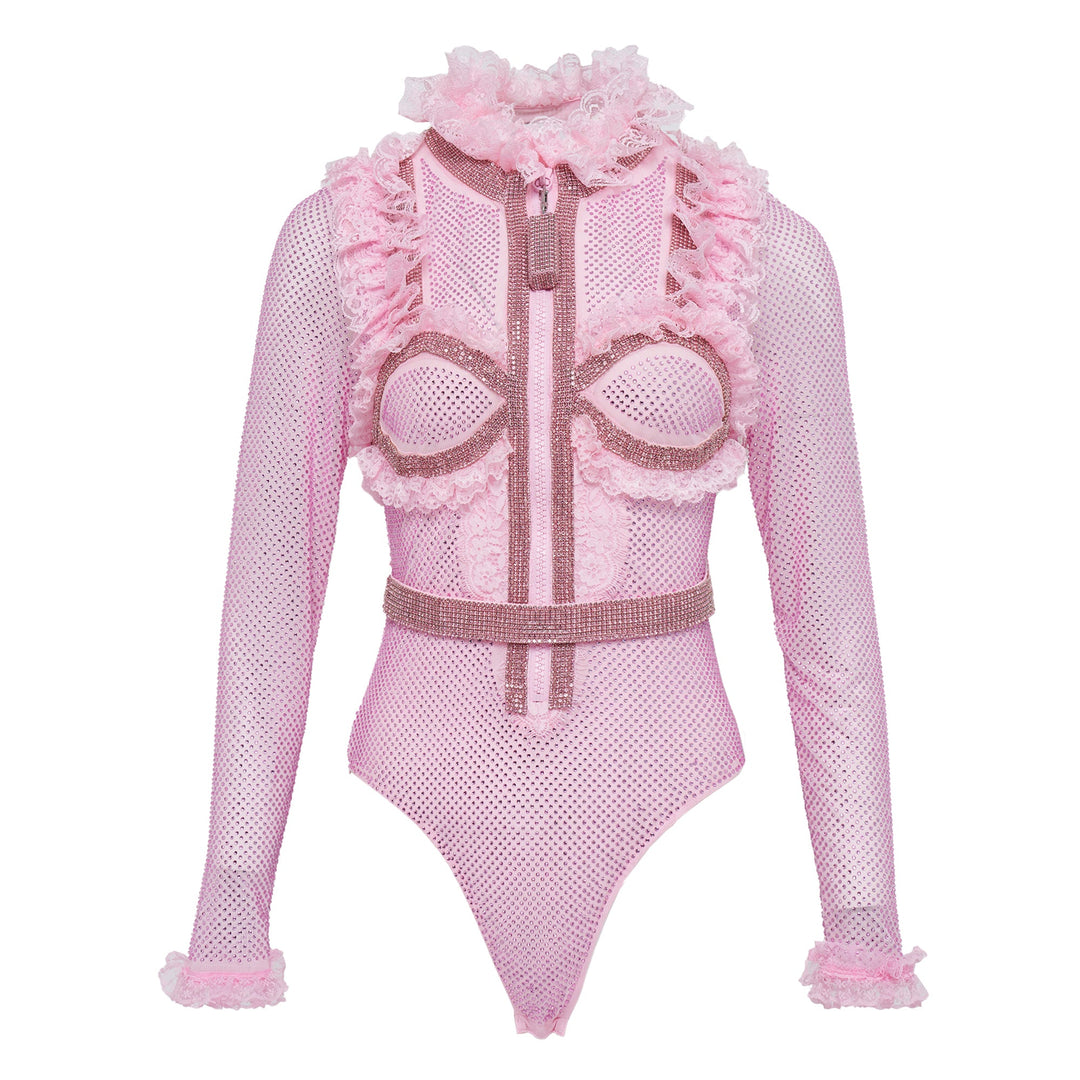 Pink Rhinestone Mesh Ruffle Bodysuit