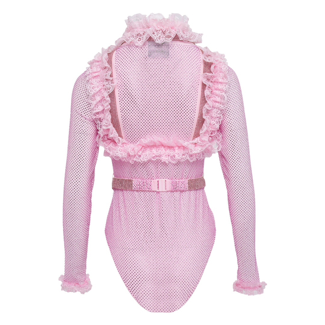 Pink Rhinestone Mesh Ruffle Bodysuit