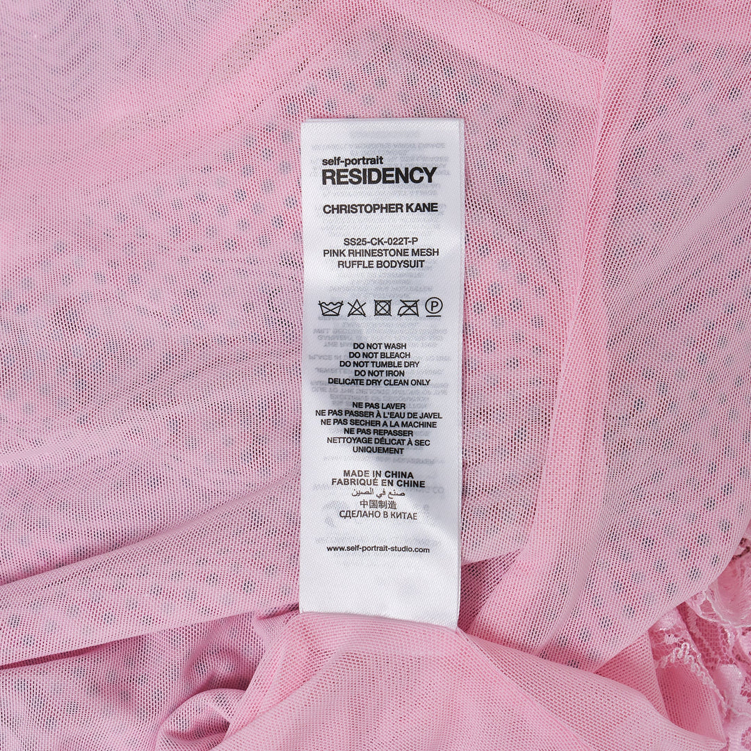 Pink Rhinestone Mesh Ruffle Bodysuit