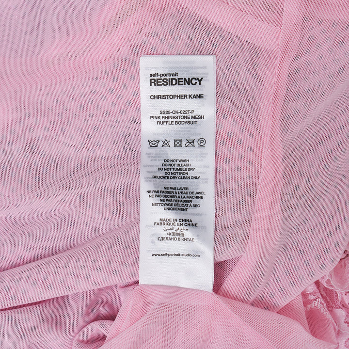 Pink Rhinestone Mesh Ruffle Bodysuit