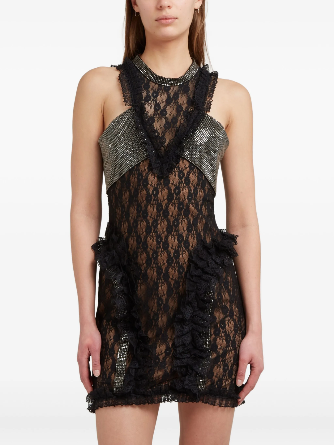 Black Lace Crystal Detail Mini Dress