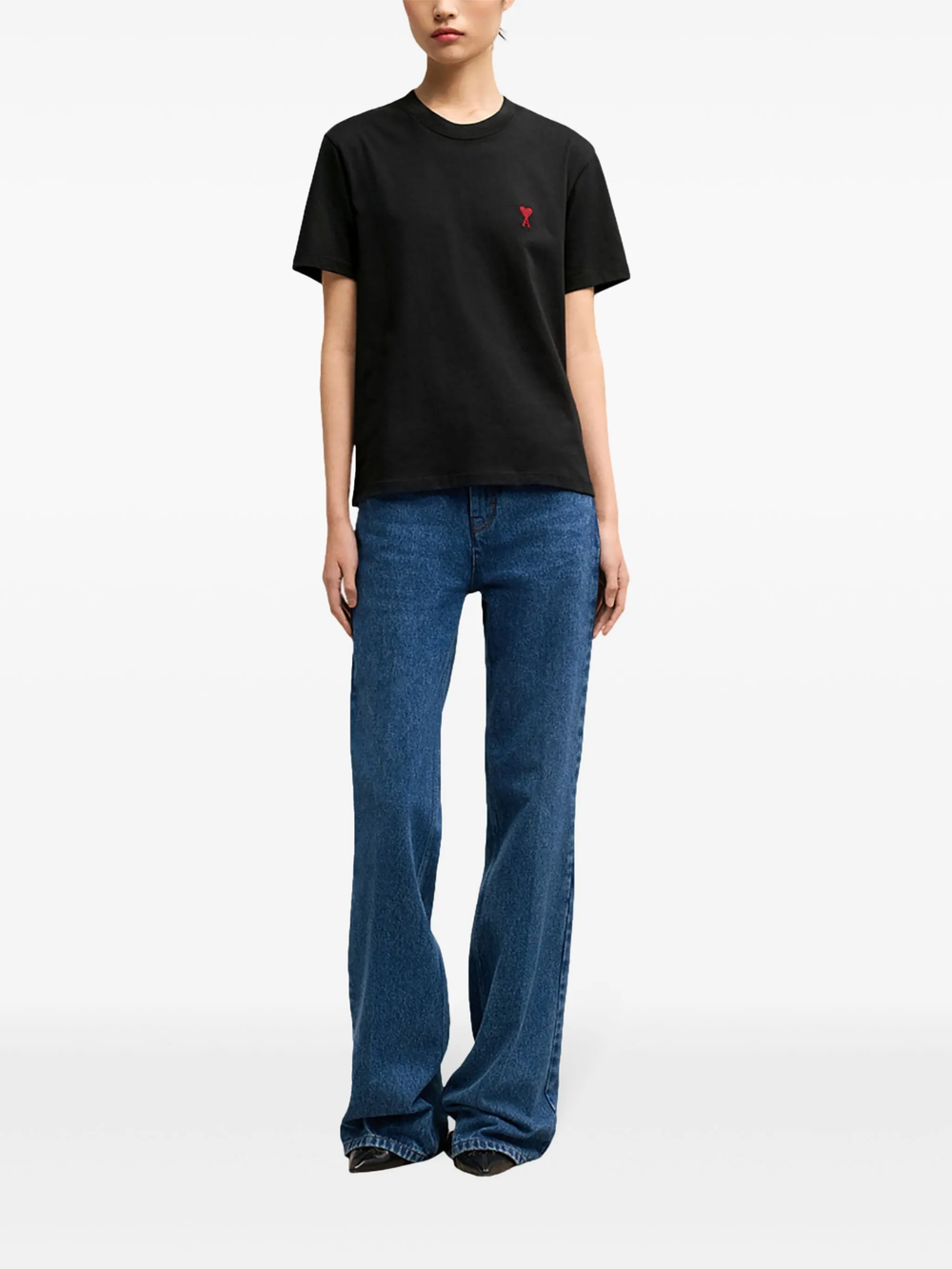 AMI Paris AMI De Coeur black crew-neck T-shirt with red heart logo embroidery on the chest