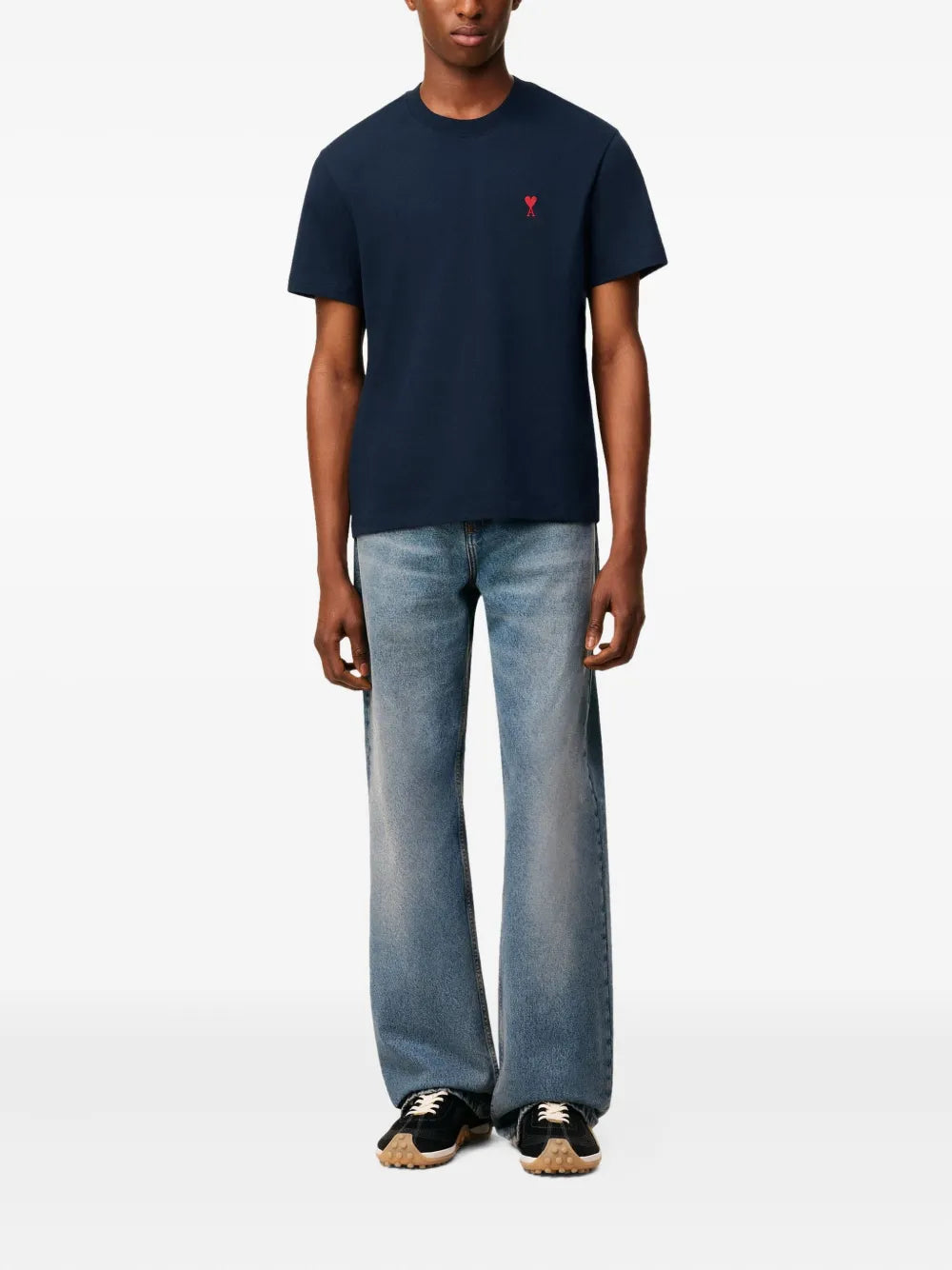 AMI Alexandre Mattiussi De Coeur logo T-shirt in navy black with red embroidered heart logo on chest