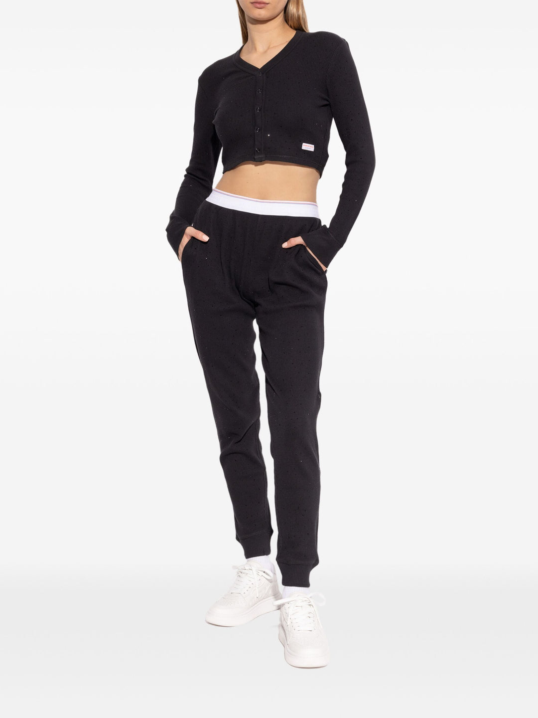 Crystal Hotfix Long-Sleeve Cardigan In Waffle Knit