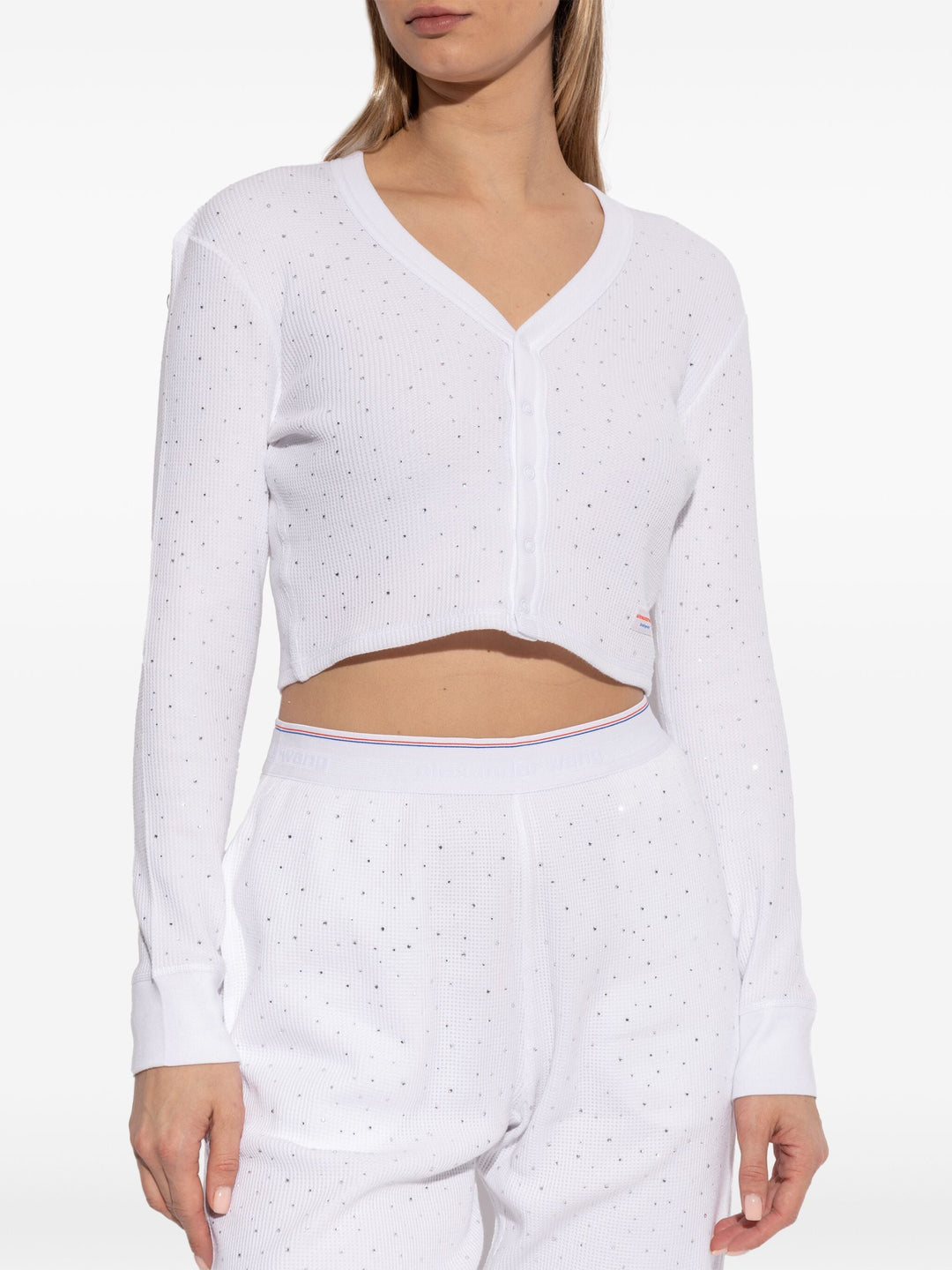 Crystal Hotfix Long-Sleeve Cardigan In Waffle Knit