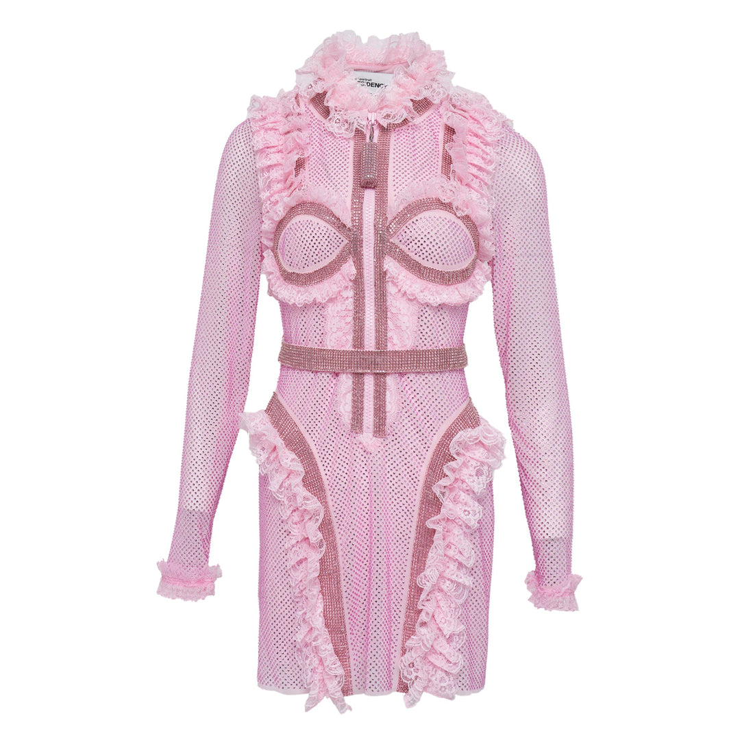 Pink Rhinestone Mesh Ruffle Mini Dress