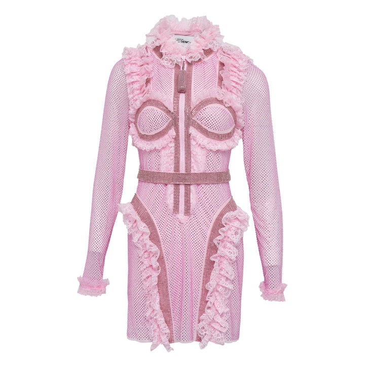 Pink Rhinestone Mesh Ruffle Mini Dress