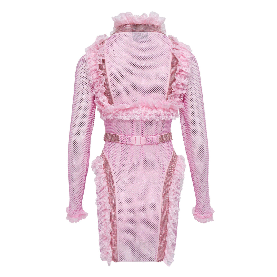 Pink Rhinestone Mesh Ruffle Mini Dress