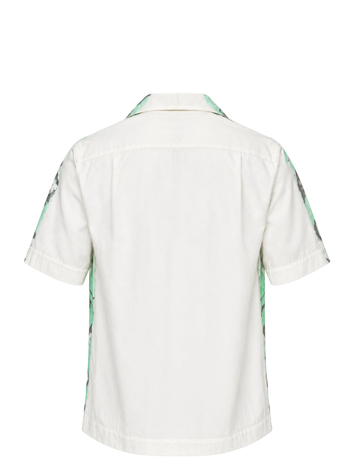 Dries Van Noten boxy fit short sleeve shirt with an oversized marbled mint green floral print on charcoal, camp collar, white buttons and flap chest pockets - view 2