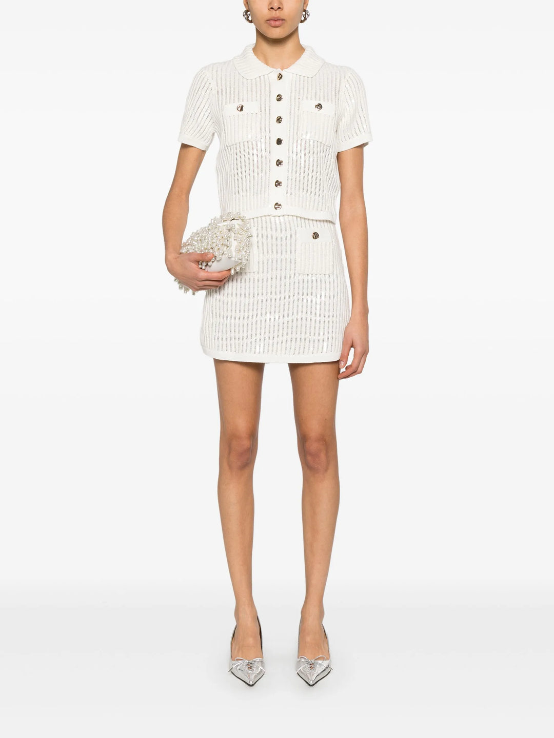 White Sequin Crochet Mini Skirt