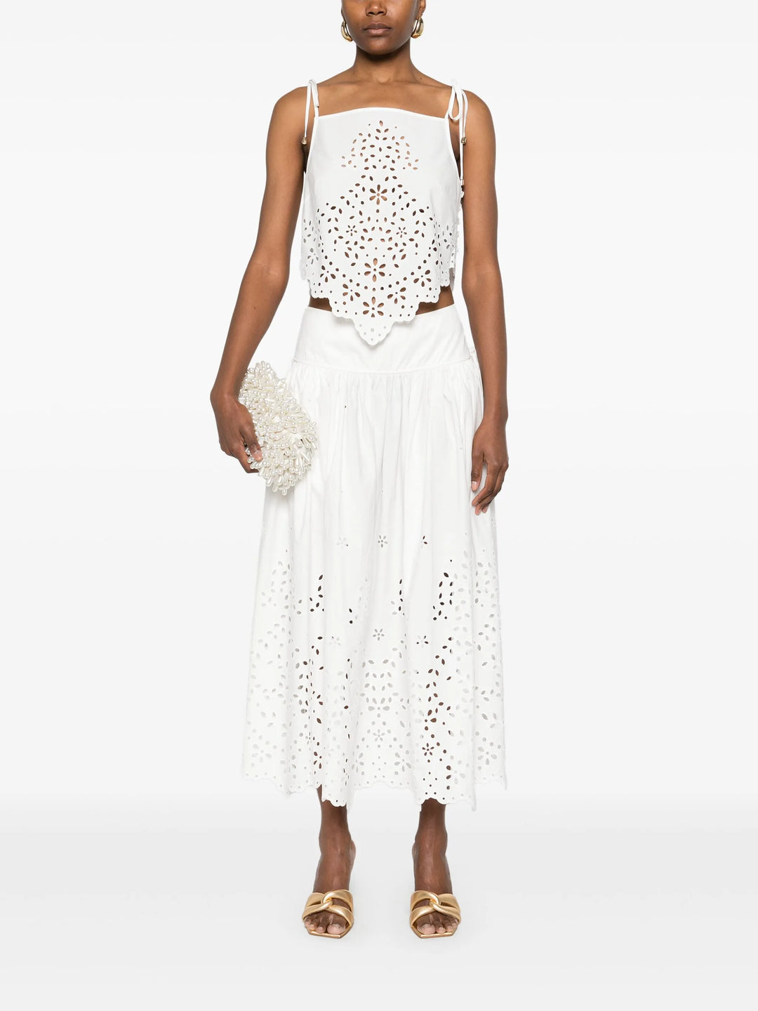 White Cotton Embroidered Midi Skirt