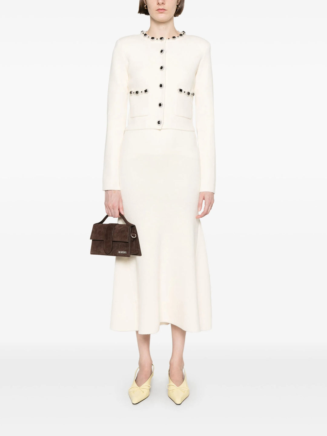 Cream Flared Knit Midi Skirt