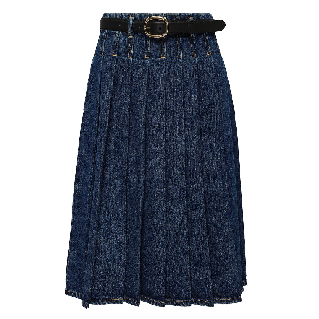 Pleated Denim Midi Skirt
