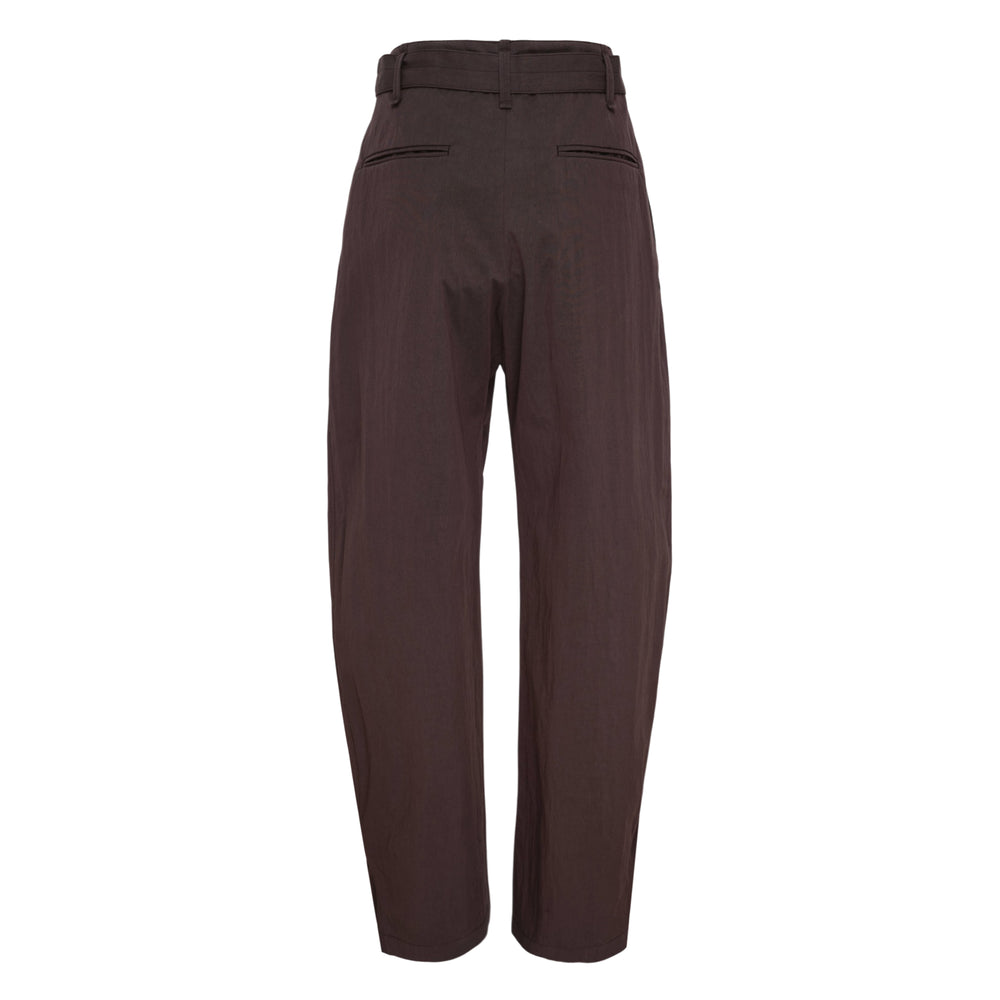 Lemaire Belted Volume Pants in deep brown — high-rise wide-leg trousers with front pleats, integrated belt, and cuffed hem, displayed flat on white background