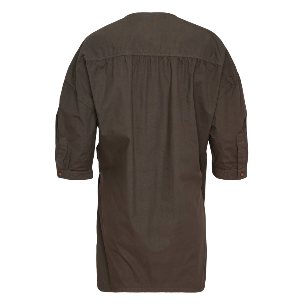 Lemaire Short Sleeve Twisted Shirt in dark olive, flat lay showing asymmetric wrap-front, tonal buttons, and puffed panelled sleeves