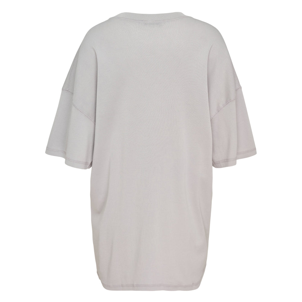 Lemaire Rib Short Sleeve Tee in light grey, featuring an oversized drop-shoulder silhouette, wide scoop neckline with ribbed trim, and exposed topstitched seam detailing