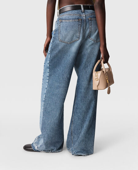 Two Tonal Fabric Paneled Wide Jeans