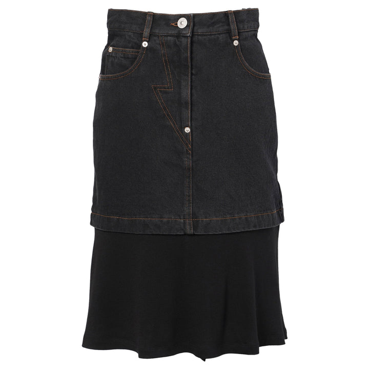 Black Jersey Hem Point Denim Skirt
