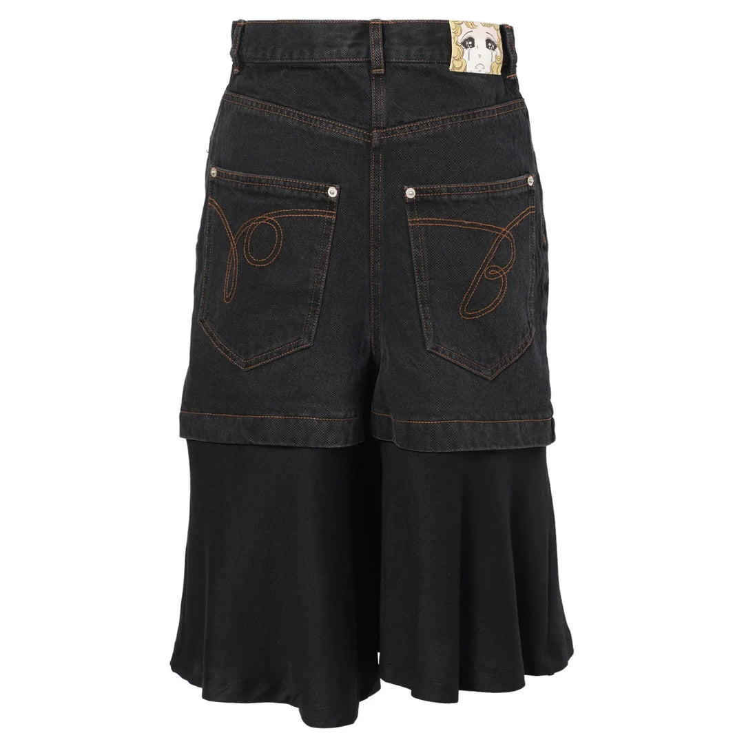 Black Jersey Hem Point Denim Skirt