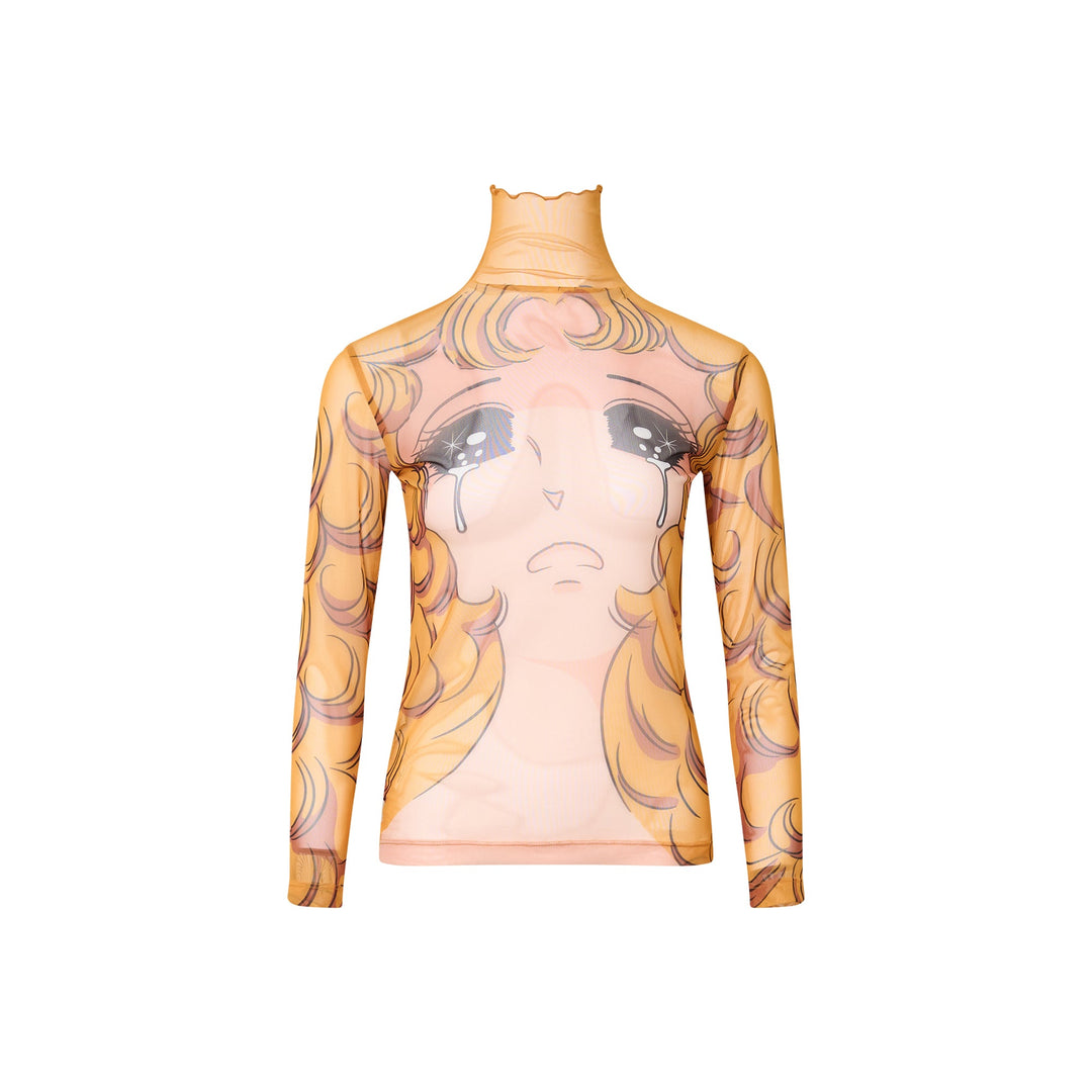 Crying Girl Mock Neck Mesh Top