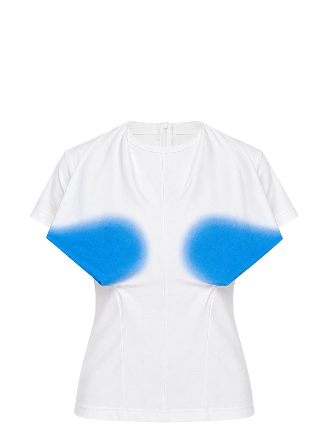 pushBUTTON white jersey top with draped bust and airbrushed blue bra-shaped gradient, shown from the front