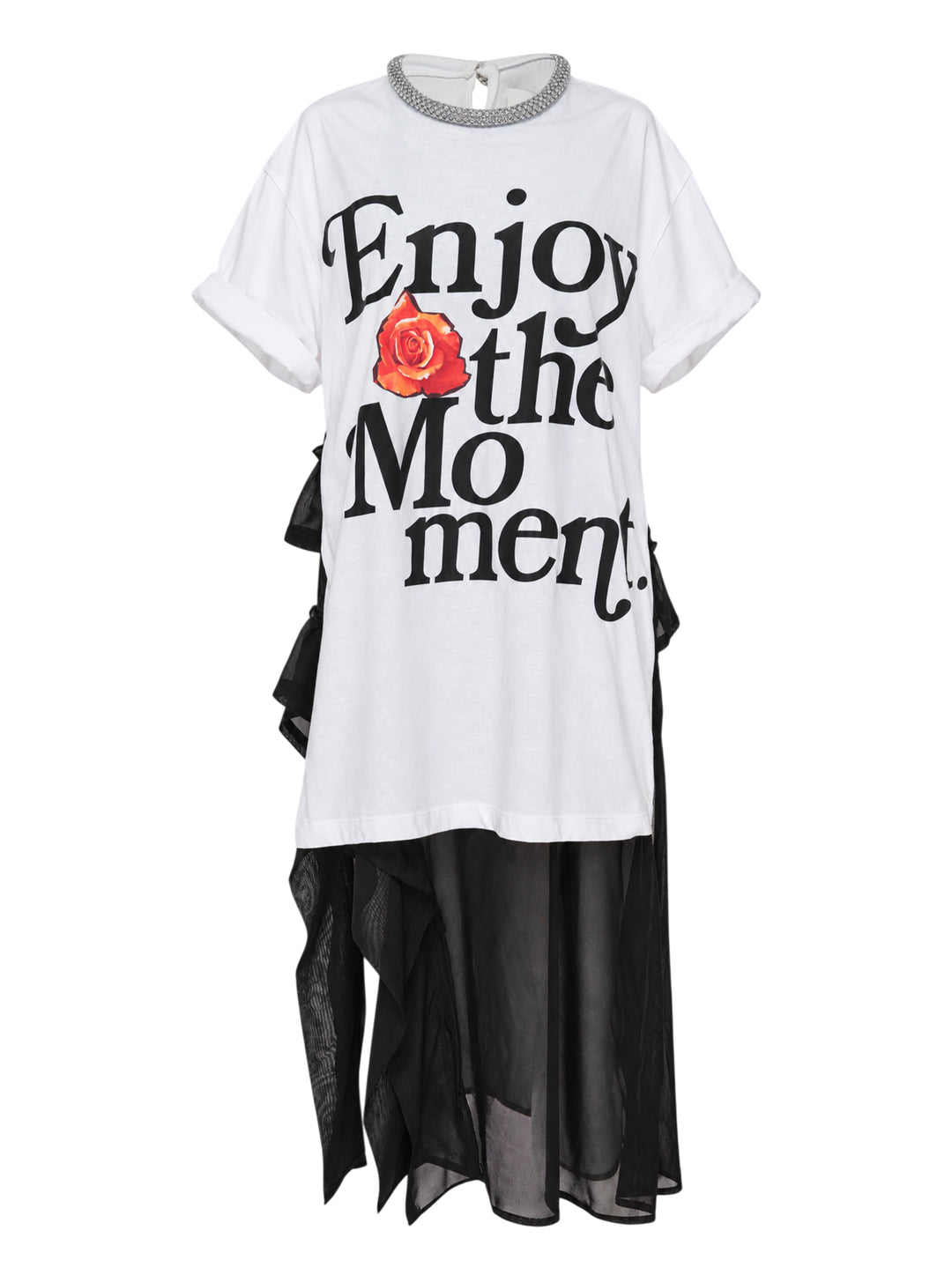 White oversized cotton tee dress with 'Enjoy the Moment' black lettering and a red rose graphic, crystal-embellished neckline and sheer black chiffon ruffle layers