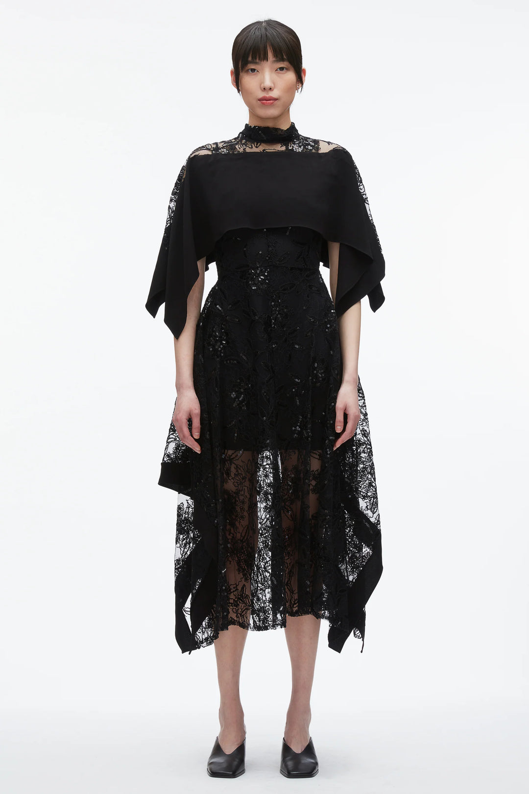 Sequin Lace Mockneck Flounce Dress