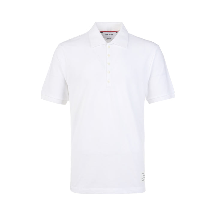 Thom Browne Short Sleeve Rib Cuff Polo in heather grey piqué with 4-bar white stripe on sleeve and button placket, front view