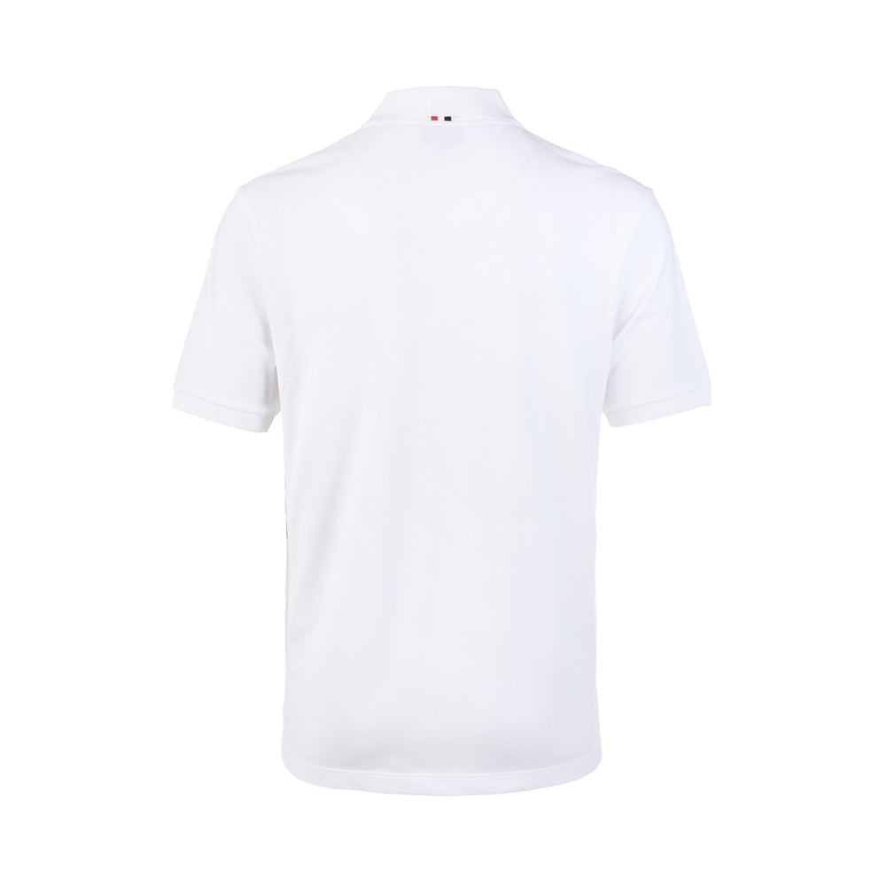 Thom Browne Short Sleeve Rib Cuff Polo in heather grey piqué with 4-bar white stripe on sleeve and button placket, front view