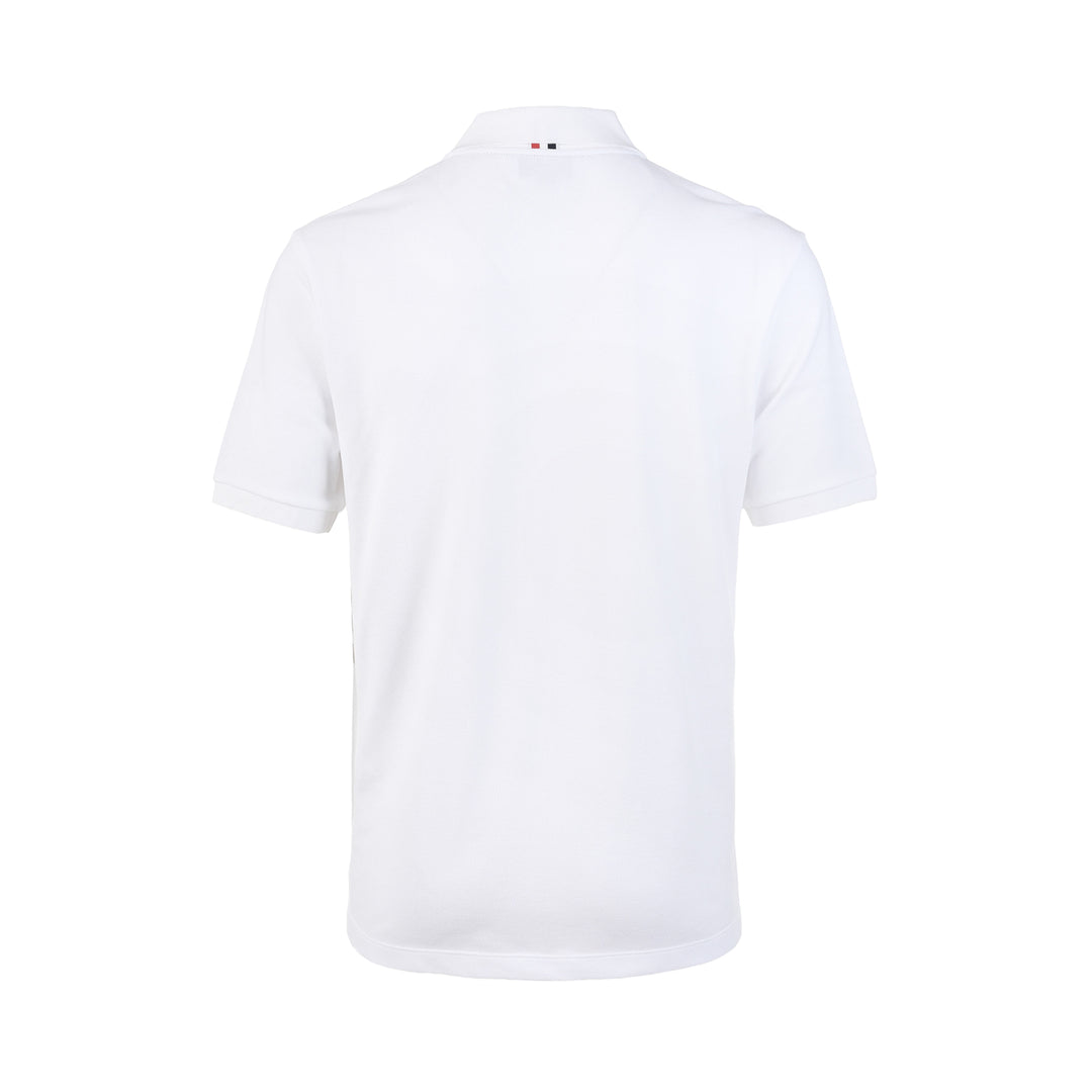 Thom Browne Short Sleeve Rib Cuff Polo in heather grey piqué with 4-bar white stripe on sleeve and button placket, front view