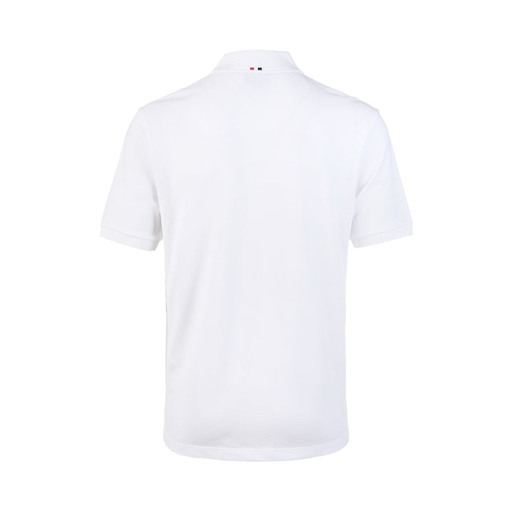 Thom Browne Short Sleeve Rib Cuff Polo in heather grey piqué with 4-bar white stripe on sleeve and button placket, front view