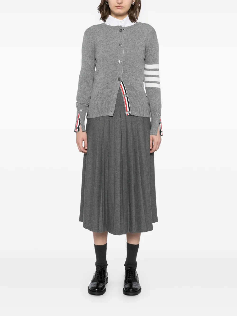 Thom Browne Classic Cashmere 4-Bar Crew Neck Cardigan in medium grey with white stripe sleeve detail and button-front closure