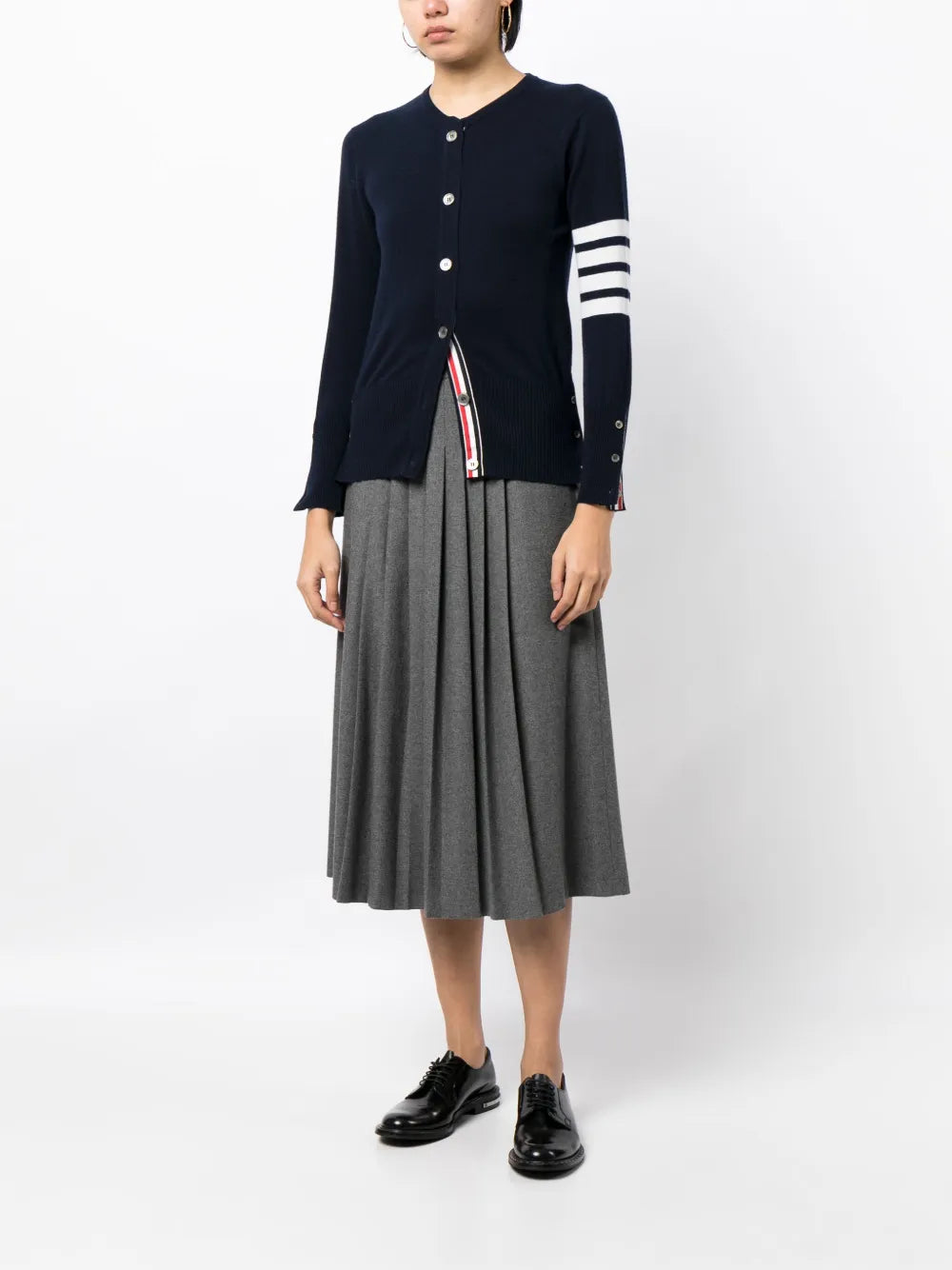 Thom Browne Classic Cashmere 4-Bar Crew Neck Cardigan in medium grey with white stripe sleeve detail and button-front closure